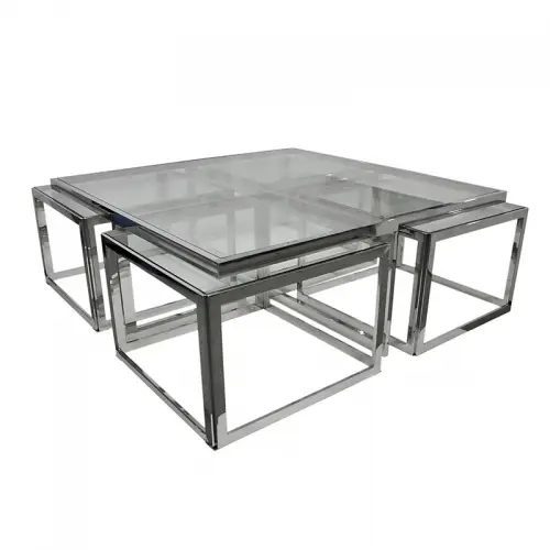 Einzigartig und handgefertigt  Tisch Rowley 120x120x45cm Silber Klarglas