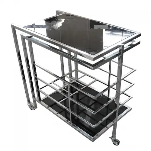 Einzigartig und handgefertigt  Barwagen Darrell 77x42x78,5cm Silber Schwarz Glas