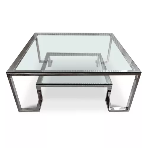 Einzigartig und handgefertigt  Mitteltisch Keaton 100 x 100 x 41 cm 2 Ebenen Silber Glas