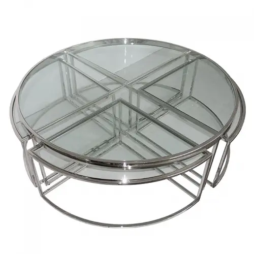 Einzigartig und handgefertigt  Tisch Dominic 120x120x40,5cm silber / klar Glas